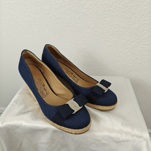 Salvatore Ferragamo Darley Espadrille Blue Denim Wedges Size 5C Women's - Picture 3 of 16